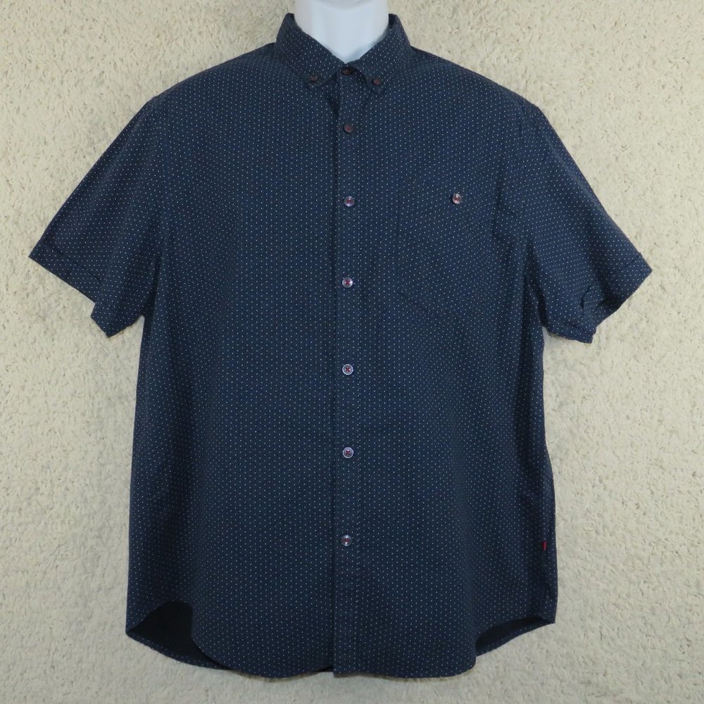 Denim & Flower* Men's Short Sleeve Button Down Curved Hem Chest pocket Shirt~ XL